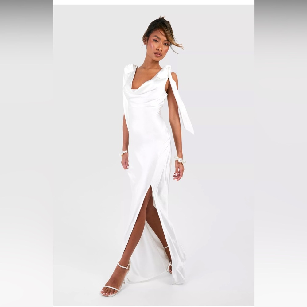 White Satin Maxi Dress w/ side slit